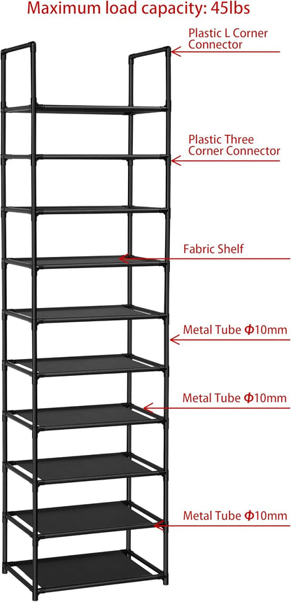 FIDUCIAL HOME 10 Tiers Shoe Rack Organizer 20 Pairs Tall Shoe Shelf | Tall Narrow Space Saving for Closet Entryway Dorm, Easy to Assemble, 17"L x 11"W x 68.8"H, Black