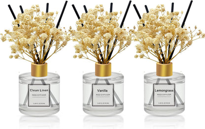 Reed Diffuser Set of 3 Pack,Clean Linen,Eucalyptus & Mint,Ocean Scented Oil Diffuser with 4 Sticks,Reed Diffusers for Home,Living Room,Bathroom Air Freshener Diffuser,50ml x 3