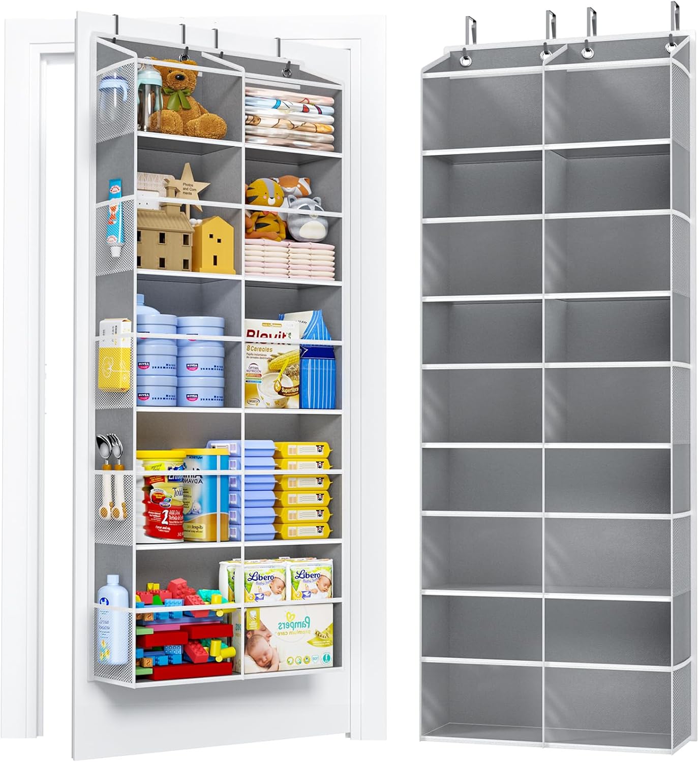PureSpace 5-Tier Over the Door Organizer, 10 Side Mesh Pockets & Clear Windows, 80LBS Heavy Duty Hanging Storage for Baby Diapers, Shoes, Toys – Ideal for Nursery, Bathroom, Bedroom, Pantry (Grey)