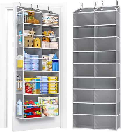 PureSpace 5-Tier Over the Door Organizer, 10 Side Mesh Pockets & Clear Windows, 80LBS Heavy Duty Hanging Storage for Baby Diapers, Shoes, Toys – Ideal for Nursery, Bathroom, Bedroom, Pantry (Grey)