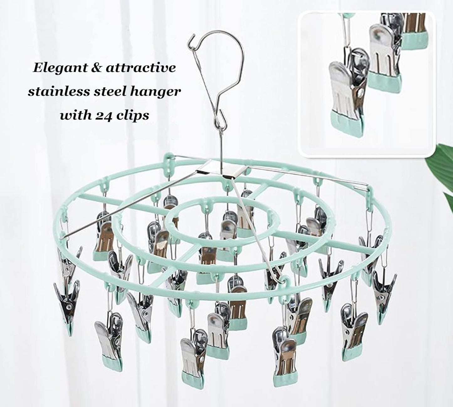 Stainless Steel Clothes Sock Drying Rack with 24 Clips, Swivel Hook Windproof Clothes Hanger Rack for Sock, Bras, Towel, Underwear, Laundry Clothes, Hat, Scarf, Pants, Gloves (Pink Clips)