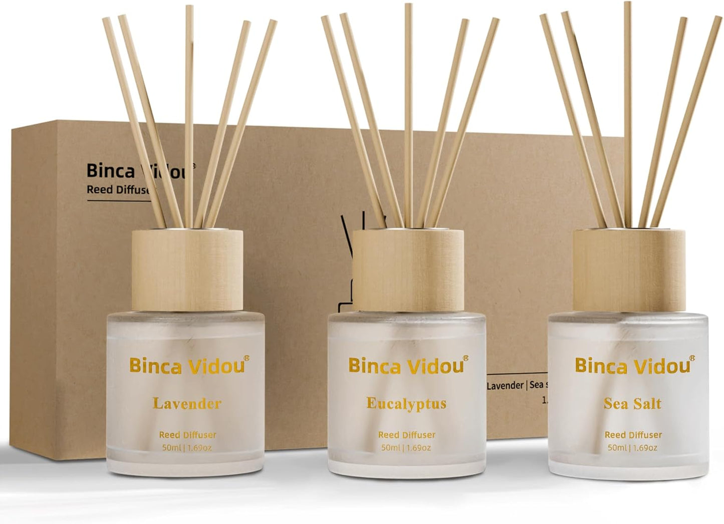 Reed Diffuser Set of 3, Binca Vidou Lavender, Eucalyptus & Sea Salt Natural Scent Oil Diffusers with Sticks for Home Office Bathroom Aromatherapy Decor 1.69oz x 3