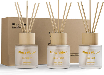 Reed Diffuser Set of 3, Binca Vidou Lavender, Eucalyptus & Sea Salt Natural Scent Oil Diffusers with Sticks for Home Office Bathroom Aromatherapy Decor 1.69oz x 3