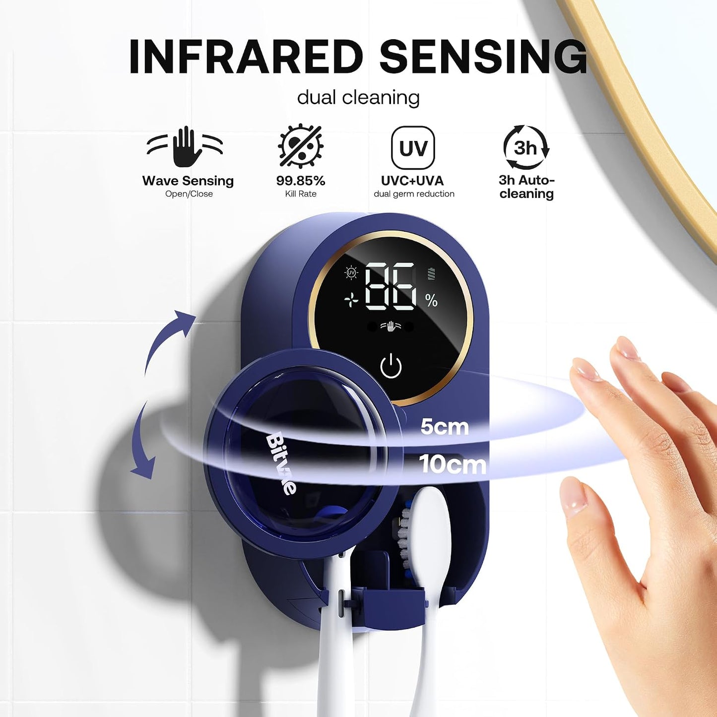 Bitvae Upgraded Tooth Brush Holder for Bathroom 2.0, Infrared Sensing Toothbrush Cleaner, Wall-Mounted for Most Size Toothbrushes, Air Drying, LED Smart Screen, White Gold Trim