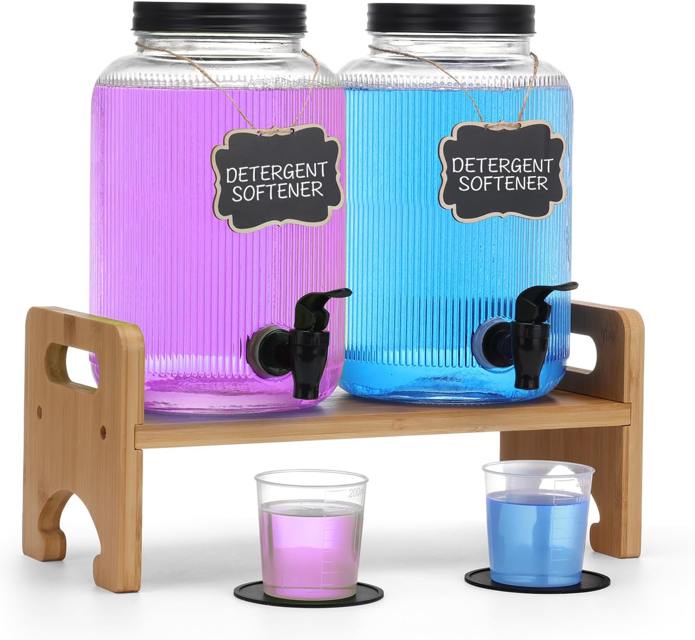 2-Pack Laundry Detergent Dispenser with Bamboo Stand，1 Gallon Laundry Soap Dispenser with Measuring Cup，Glass Laundry Detergent Containr for Laundry Room Organization and Storage