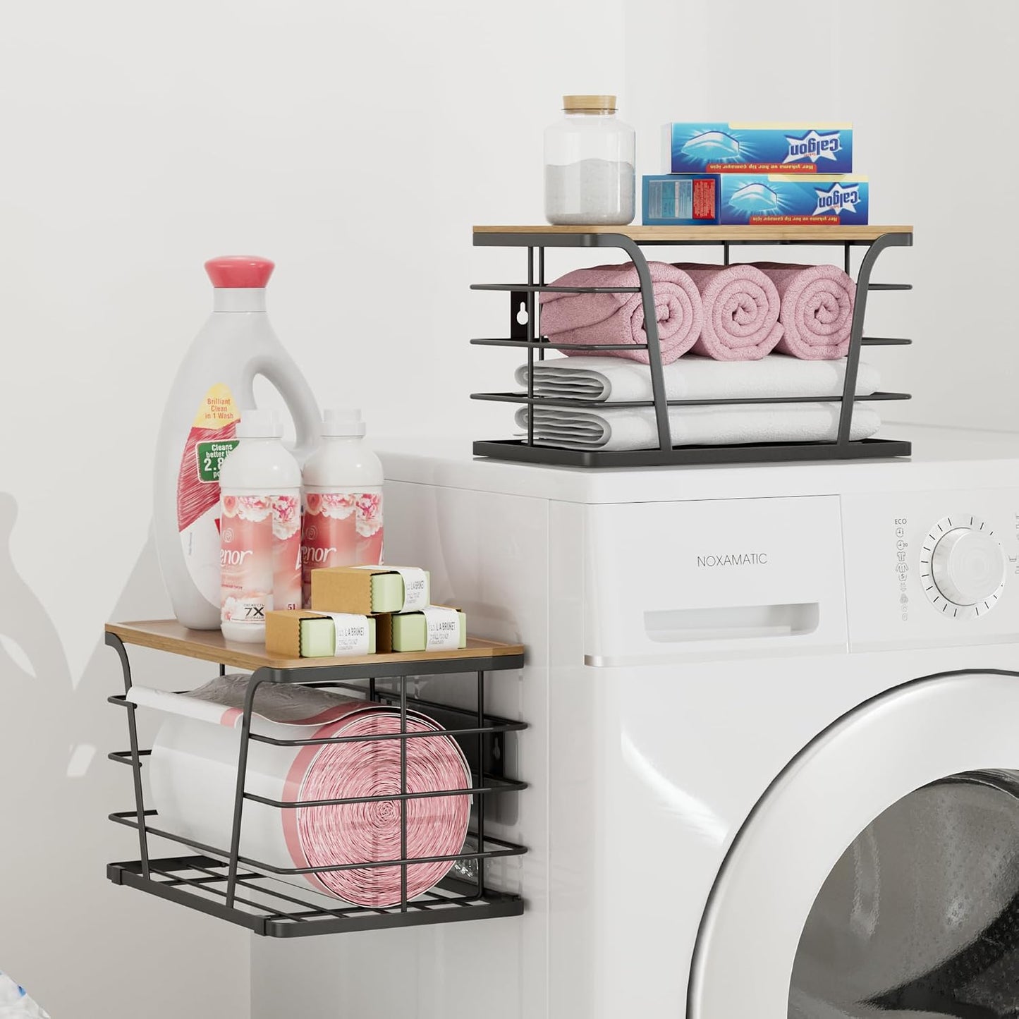 TIDIIABODE 2 Pack Stackable Storage Laundry Kitchen Organizers, Wall Mount Trash Bag Holder with Bamboo Top and Garbage Bag Dispenser No Drill