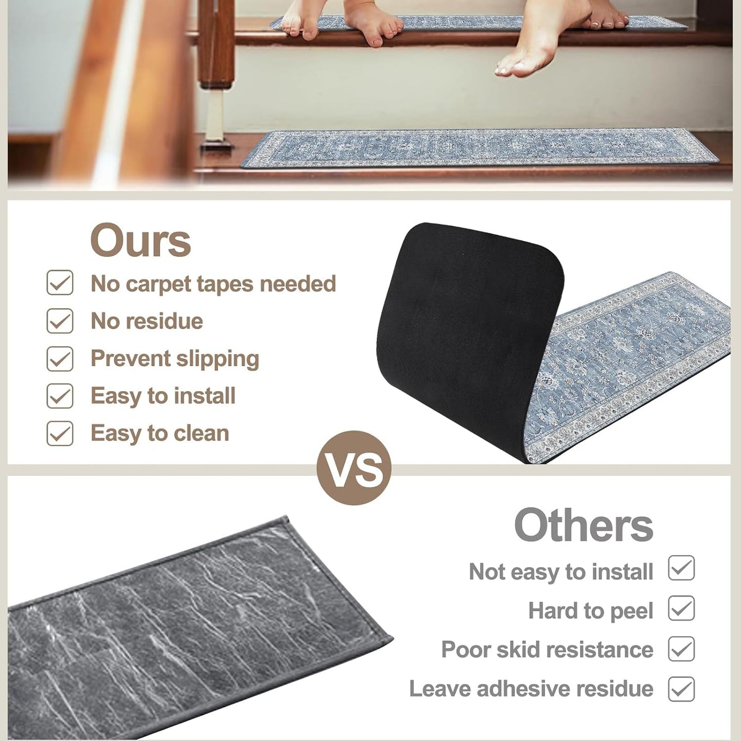 OJIA Extra Non-Slip Stair Treads for Wooden Steps 15PCS, 30"X8" Rubber Indoor Stair Runner Slip Resistant Stair Rugs Safety Mats for Dogs, Kids & Elders, Stairway Grip Step Treads, Gray