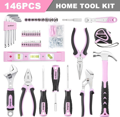 Enventor Pink Tool Kit Set for Women, 146PCS General Household Hand Tool Kit with Storage Toolbox, Ladies Small Basic Tool Kits for Home Maintenance, DIY Projects