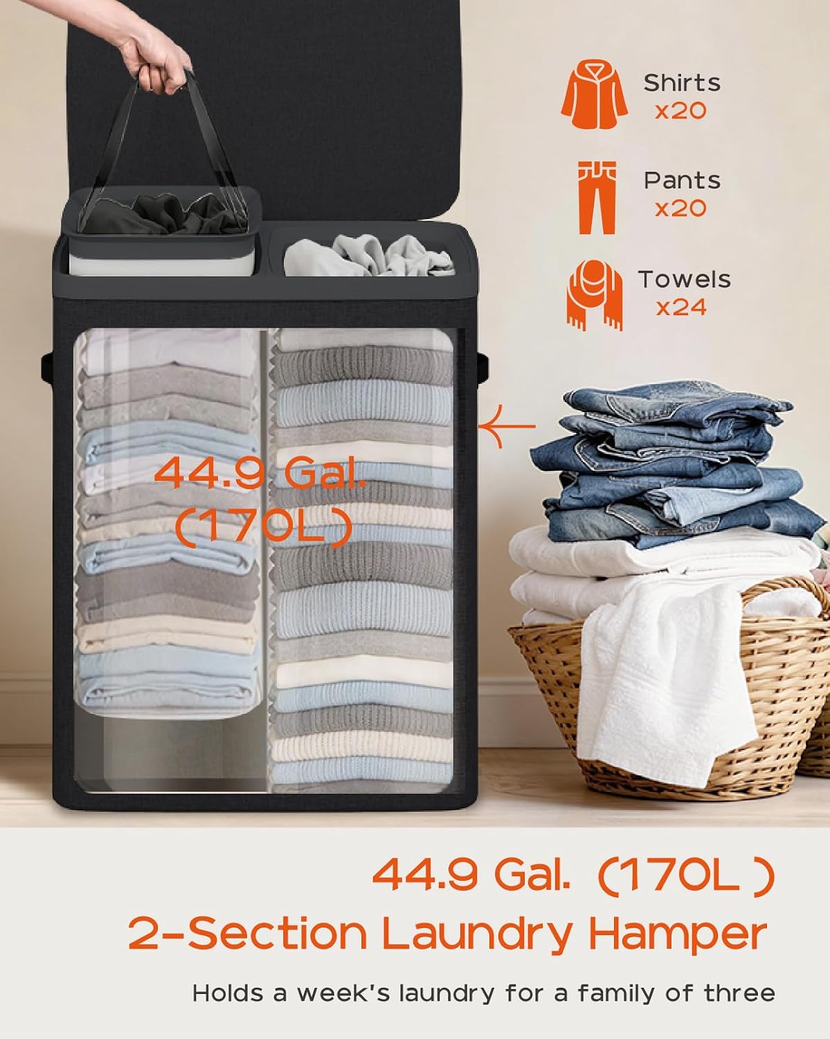 CASAMAYA Laundry Basket with Lid, Laundry Hamper 3 Section, 190L collapsible Laundry Organizer, Easy Assembly, with Handles and Removable Liners, 25.2 x 15.7 x 29.5 Inches, Beige JSP904M