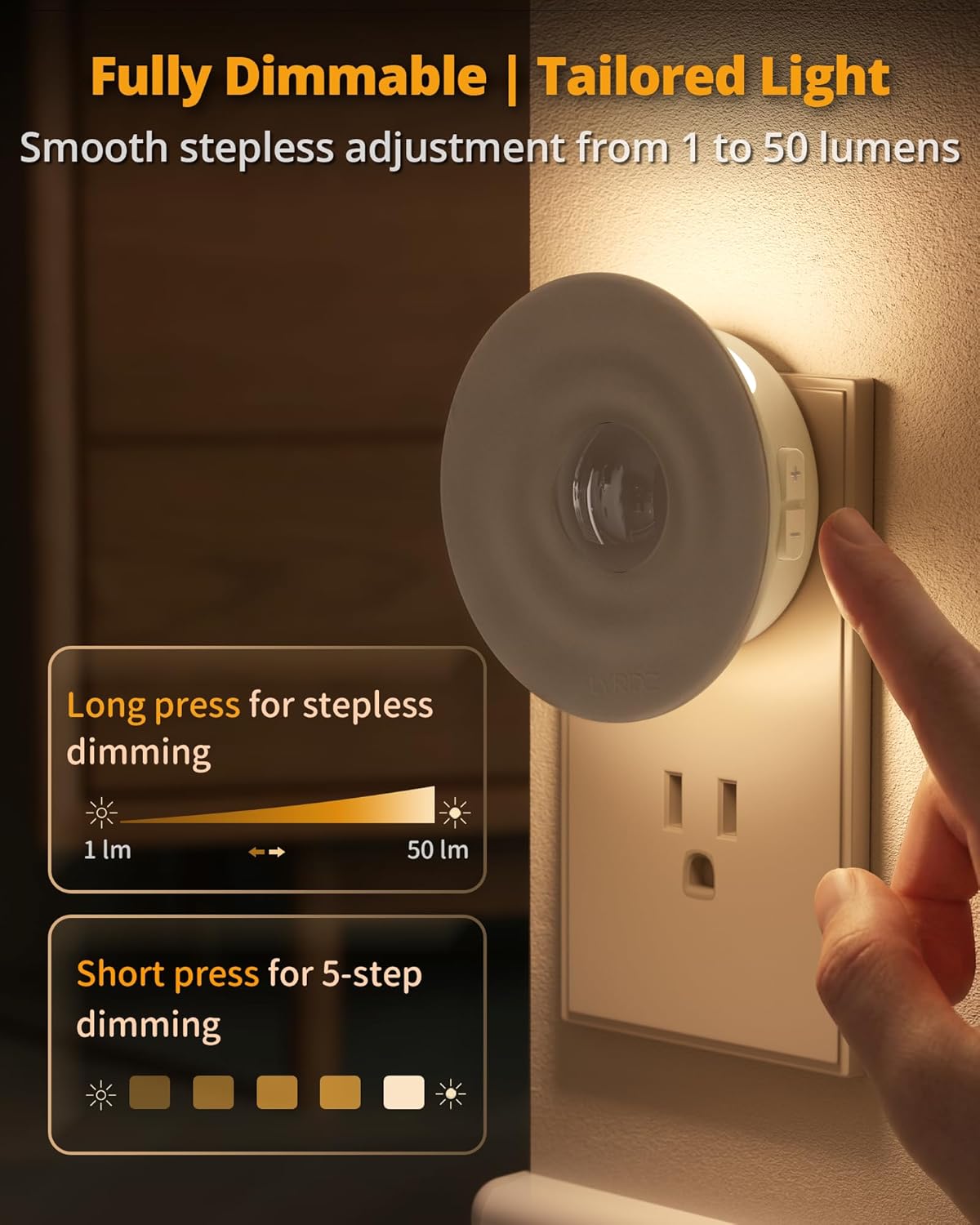 Lyridz Plug-in Backlit Motion Sensor Night Light with Dusk to Dawn Sensor, 1-50LM Precise Dimmable Wall Lights for Bedroom, Bathroom, Hallway, Stairs, Nursery, Warm White, 4-Pack