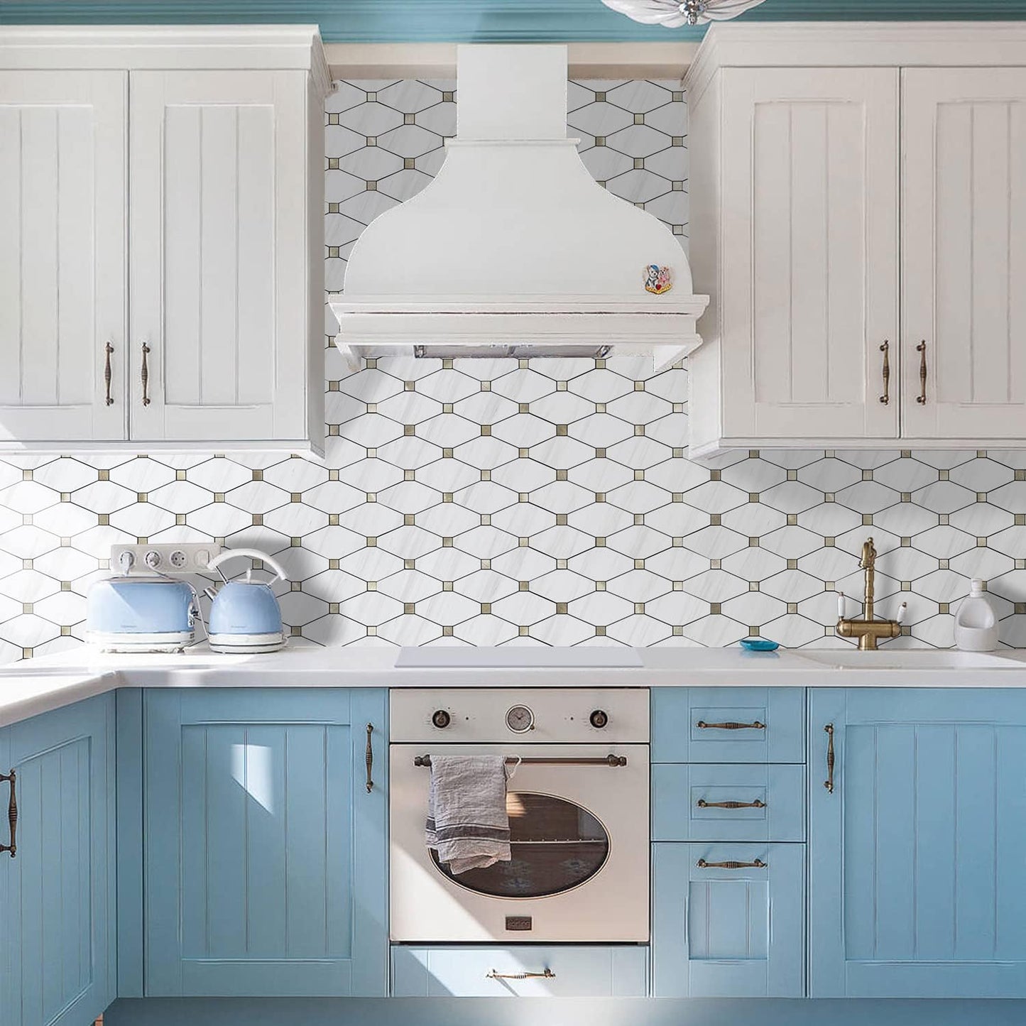 STICKGOO 10 Sheets Peel and Stick Backsplash, Polished Dolomite PVC Mixed Metal Gold Kitchen Backsplash, Stick on Backsplash Wall Tiles for Kitchen, Bathroom, RV