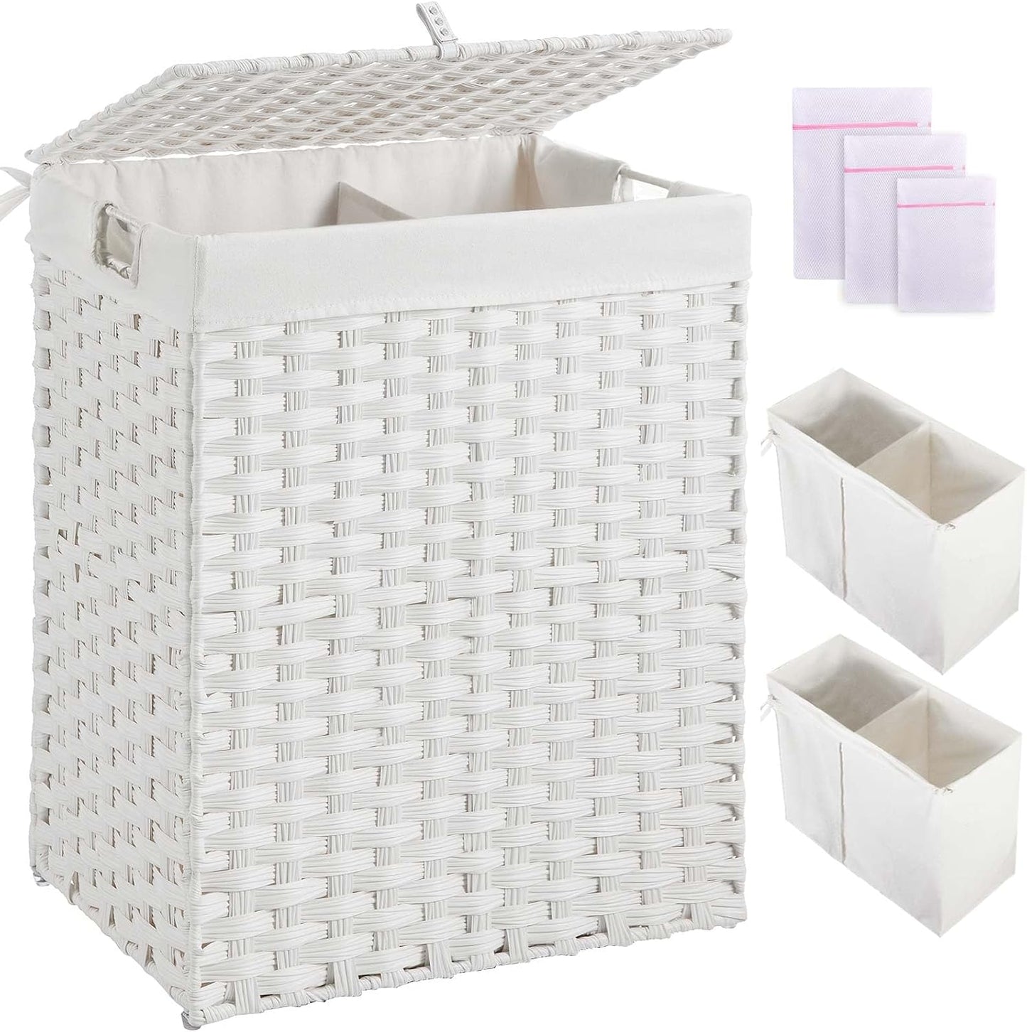 Greenstell Laundry Hamper with 2 Removable Liner Bags, Foldable Divided Clothes Hamper, 90L Handwoven Rattan Laundry Basket with Lid and Handles, No Assembly Needed, 18.3x13.3x24 Inches, Black