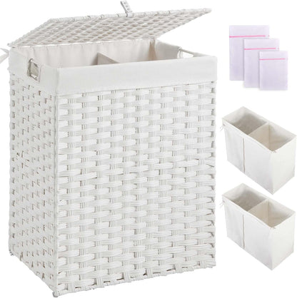 Greenstell Laundry Hamper with 2 Removable Liner Bags, Foldable Divided Clothes Hamper, 90L Handwoven Rattan Laundry Basket with Lid and Handles, No Assembly Needed, 18.3x13.3x24 Inches, Black