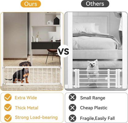 Fldofaves Dog Gate - 18"-45" Adjustable Extra Wide Metal Baby Gate to Step Over, 10" Tall Small Pet Gate with 3 Extension Kits, Pressure Mounted for Doorways & Stairs