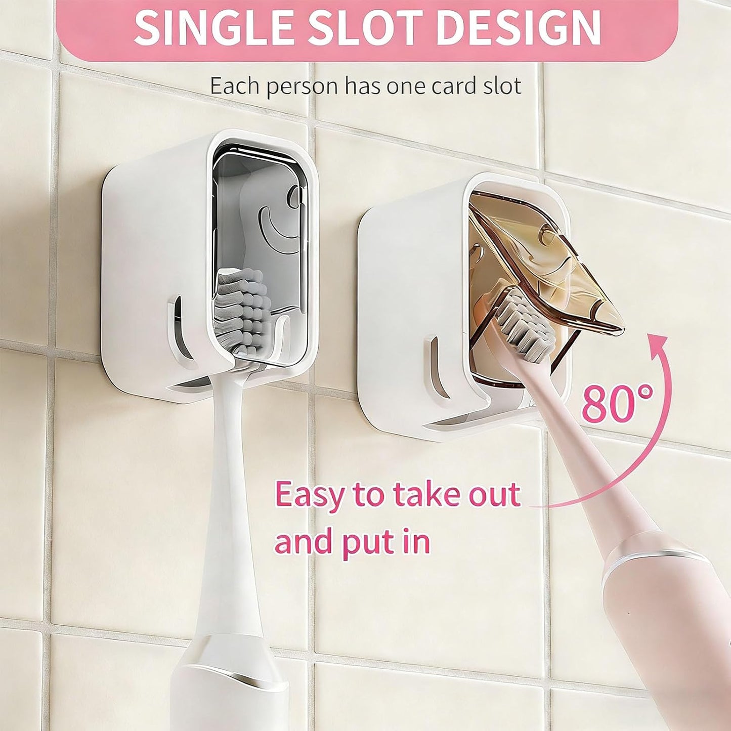 Wall Mounted Toothbrush Holders with Cover for Shower, 2PCS Single Slot Toothbrush Dispenser Storage Organizer for Bathroom, Family & Travel Use (Gray+Brown)
