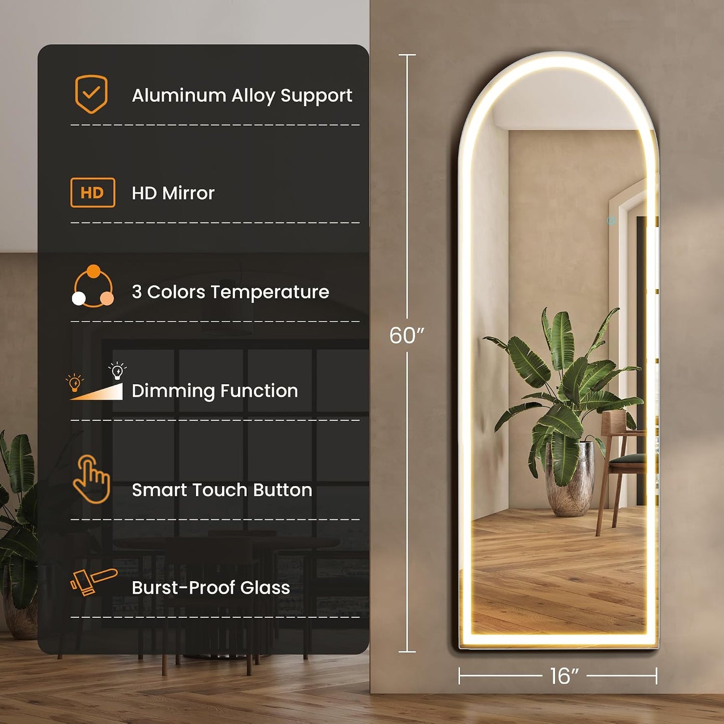 Arched Mirror Full Length, Upgraded 16"x59" Body Wall Mirrors with Shatter-Proof Glass, Floor Standing, Hanging or Leaning, Tall Arch Mirror with Stand Aluminum Alloy Frame for Bedroom, Black