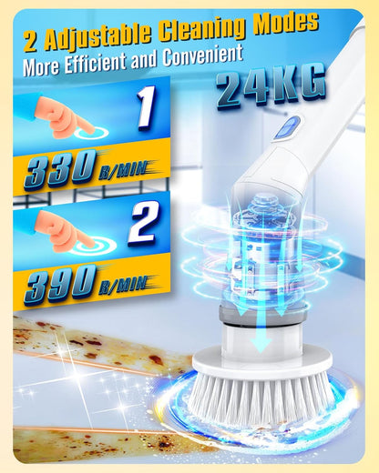 Electric Spin Scrubber, Cordless Shower Spin Scrubber with 6 Replacement Brush Heads & Adjustable Extension Arm, 2H Bathroom Scrubber Dual Speed, Power Spin Scrubber for Bathroom Car Floor Grout Sink