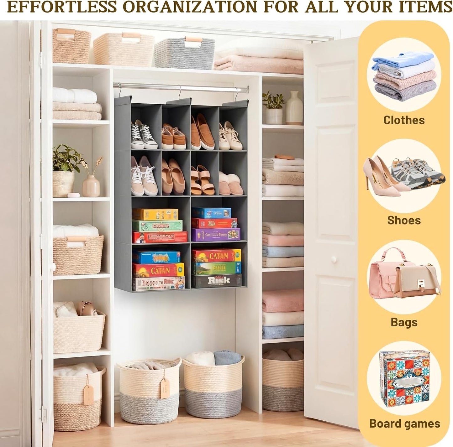 Ofiray-home 6 Tier Hanging Closet Organizer, 16 Compartments Sweater Organizer for Closet with 3 Sturdy Hooks, Closet Organizers and Storage, Wardrobe, Rv, Garment Rack, Grey
