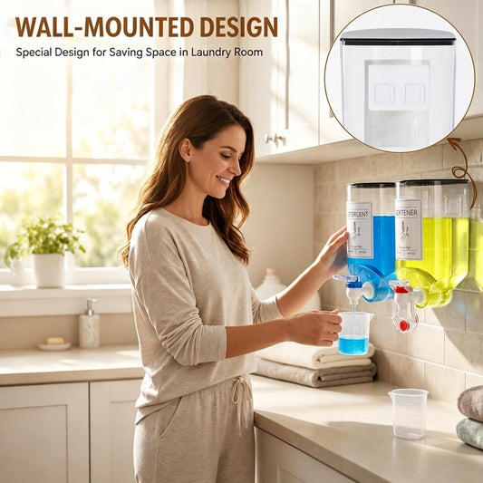 2 Pack Laundry Soap Dispenser,Wall Mounted Detergent Dispenser, Fabric Softener Dispenser, Liquid Dispenser with Spigot for Laundry Room Organization and Storage with 4 Labels Measuring Cups