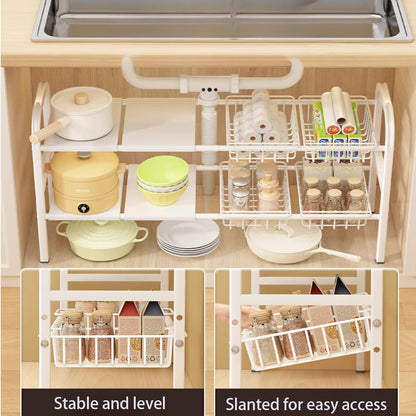 Under Sink Organizer，2 Tier Expandable Heavy Duty Metal Shelf，with 5 Removable Panels and 5 Storage Basket for Under Kitchen Bathroom Sink Organizers and Storage(Black, Large)