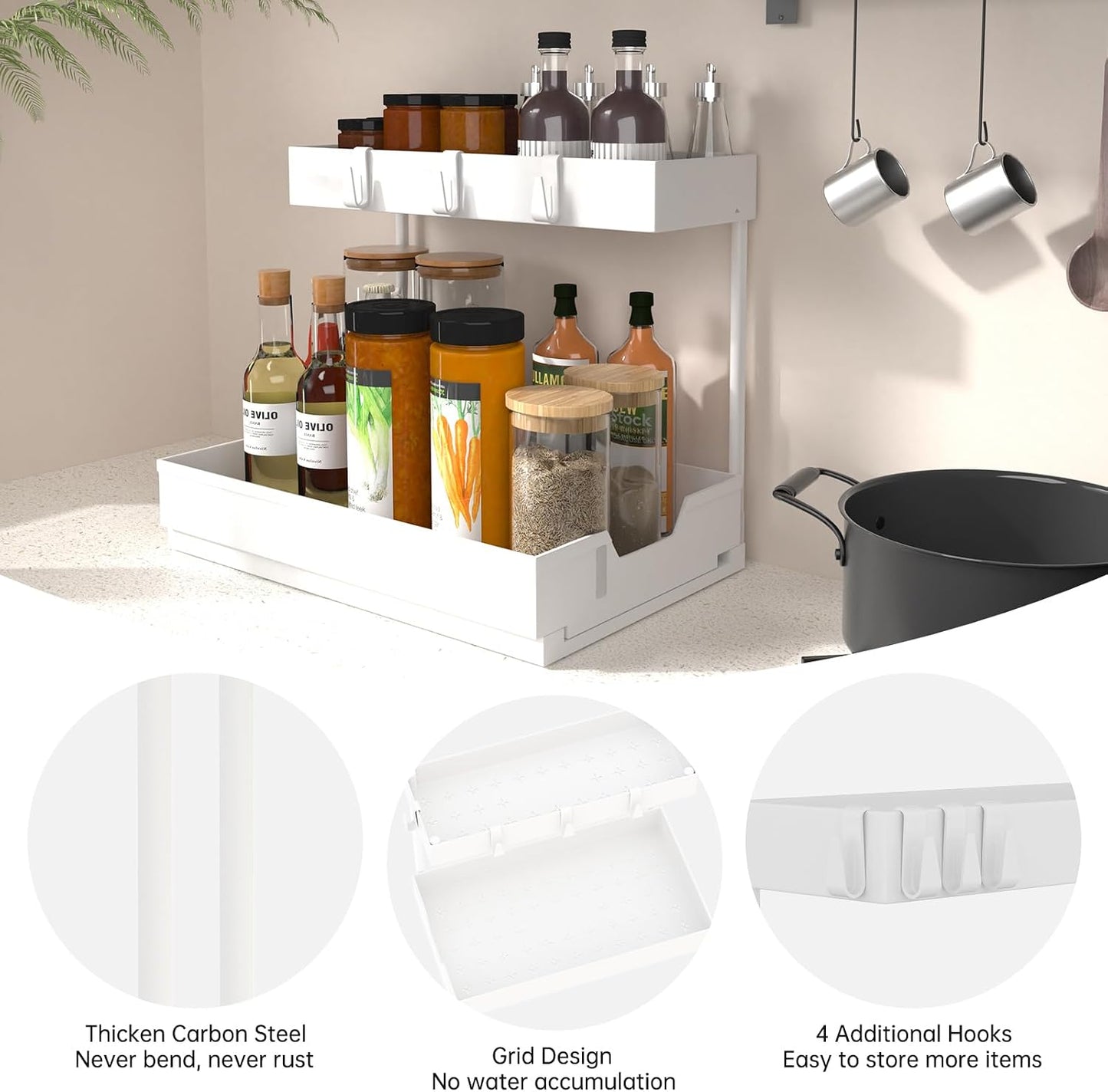 NATURE'S SOURCE 2 Pack Under Sink Organizer 2 Tier Sliding Cabinet Organizers Multi-Purpose Sink Storage Basket L-Shape Narrow Space Storage Shelves with 4 Hook for Kitchen Bathroom Drawer, Black