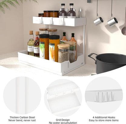 NATURE'S SOURCE 2 Pack Under Sink Organizer 2 Tier Sliding Cabinet Organizers Multi-Purpose Sink Storage Basket L-Shape Narrow Space Storage Shelves with 4 Hook for Kitchen Bathroom Drawer, Black