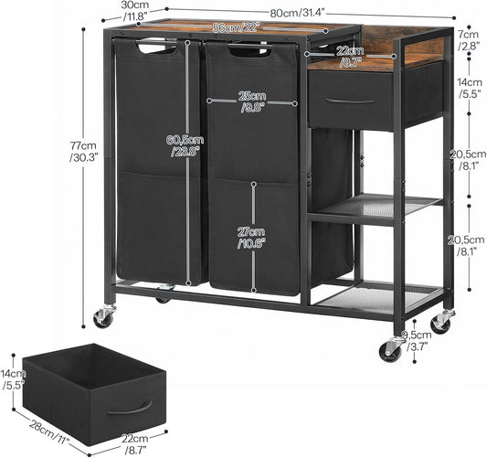 HOOBRO 2 Section Laundry Sorter with Shelf, 24 Gal. (90.8 L) Laundry Hamper with Wheels, Rolling Laundry Basket with Fabric Drawer, 3-Tier Shelves, Side Pockets, Black and Rustic Brown BF27XY01