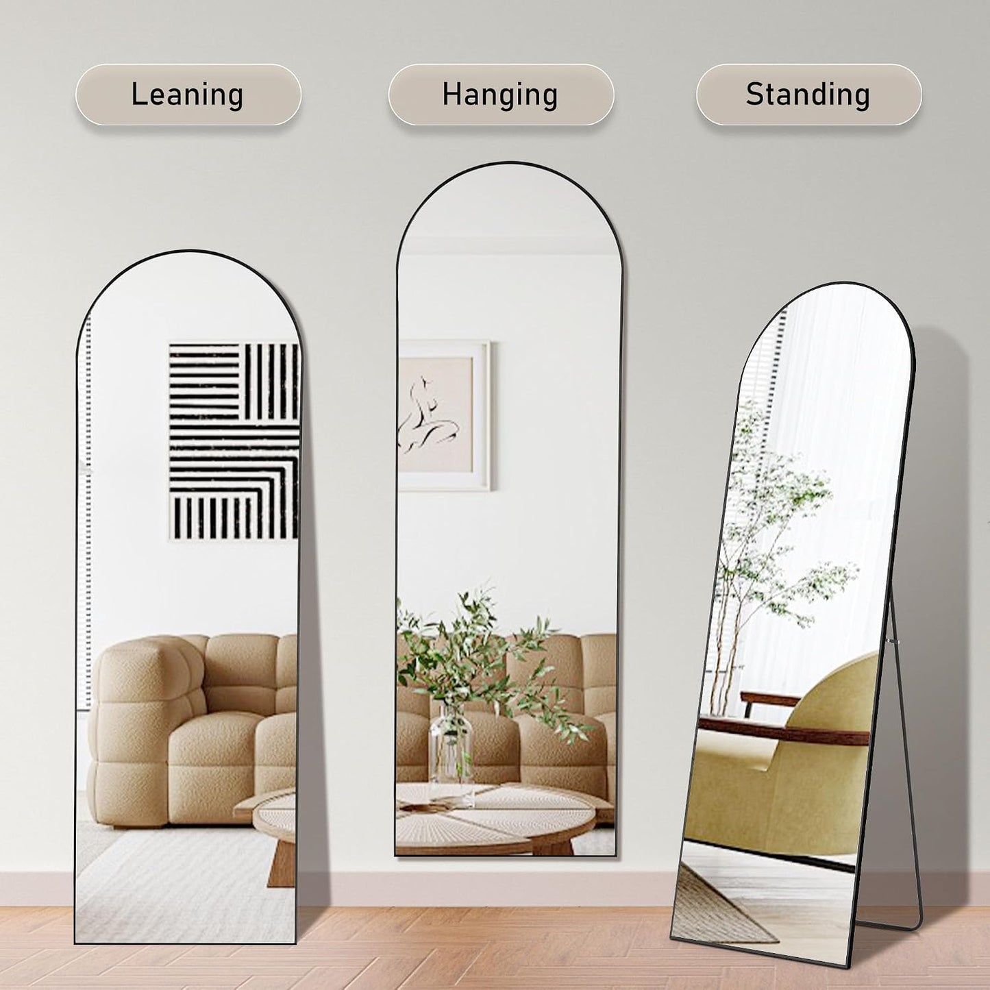 OLIXIS 64"x 21.5" Arched Mirror Full Length, Full Body Mirror with Stand, Hanging or Leaning for Wall, Floor Standing with Shatter-Proof Glass for Bedroom, Living Room, Long, Black