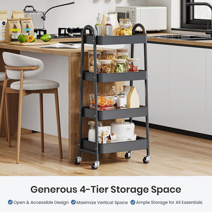 DUMOS 3 Tiers Rolling Cart, Utility Cart, Metal, White | Mobile Storage, Lockable Wheels, Utility Shelving Unit, Kitchen, Bathroom, Laundry, Narrow Places