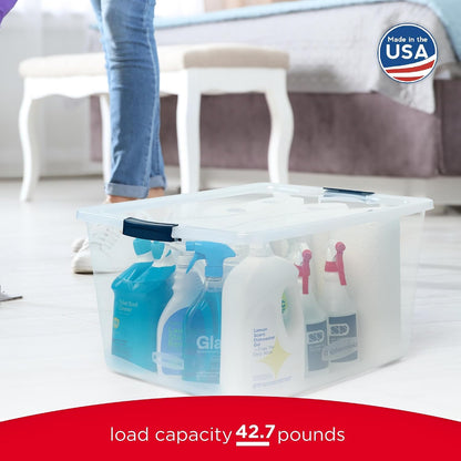 Rubbermaid Cleverstore 42 Quart Stackable Plastic Storage Bin with Lids for Garage, Closet, and Classroom, Clear, 4 Pack