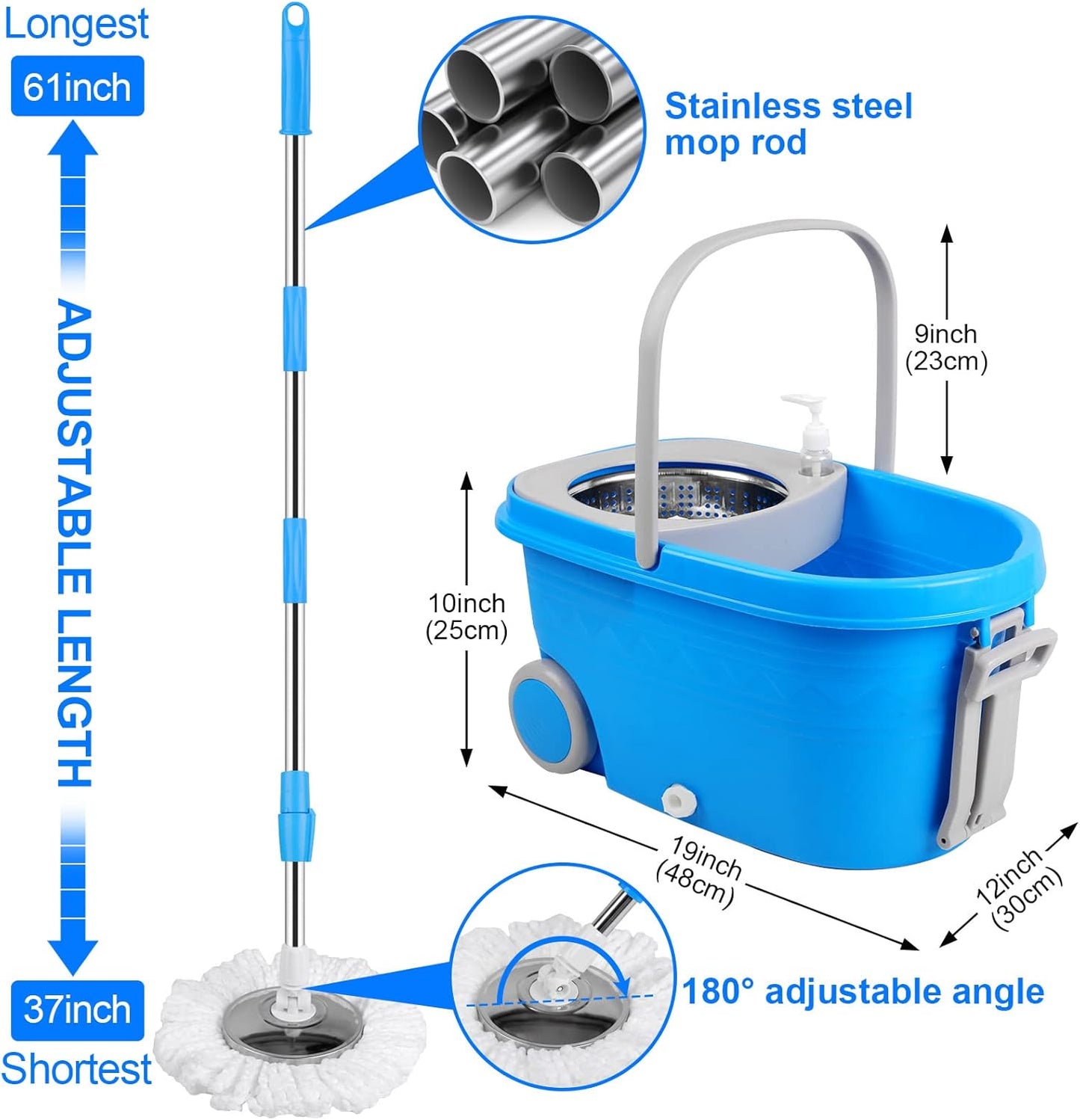 Spin Mop and Bucket with Wringer Set, 360° Spinning Mop Bucket System with 3 Microfiber Mop Replacement Heads and 61" Stainless Steel Adjustable Handle for Floor Cleaning