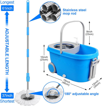 Spin Mop and Bucket with Wringer Set, 360° Spinning Mop Bucket System with 3 Microfiber Mop Replacement Heads and 61" Stainless Steel Adjustable Handle for Floor Cleaning