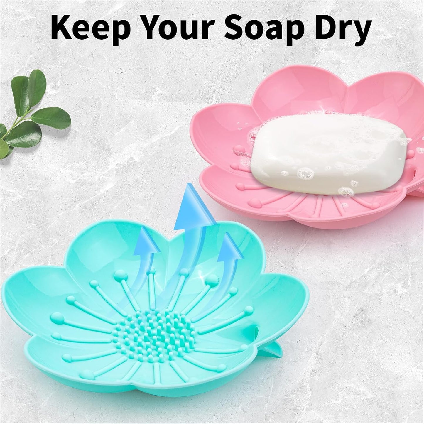 Soap Dishes 2 Pack Self Draining XL Flexible Bar Holder for Shower Steamer, Silicone Flower Soap Saver Tray for Counter Bathtub Sink Bathroom Decor with Drainage -Mirror Surface Easy Clean, Grey/Blue