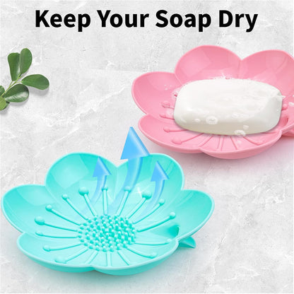 Soap Dishes 2 Pack Self Draining XL Flexible Bar Holder for Shower Steamer, Silicone Flower Soap Saver Tray for Counter Bathtub Sink Bathroom Decor with Drainage -Mirror Surface Easy Clean, Grey/Blue