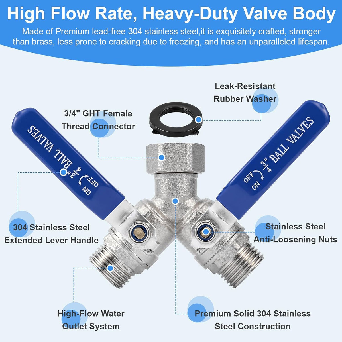 Garden Hose Splitter 2 Way, 304 Stainless Steel Heavy Duty Y Valve, Full Flow with Long Handle, Independent Shutoff Valves, Lead-Free 3/4" GHT Thread Outdoor Faucet Adapter