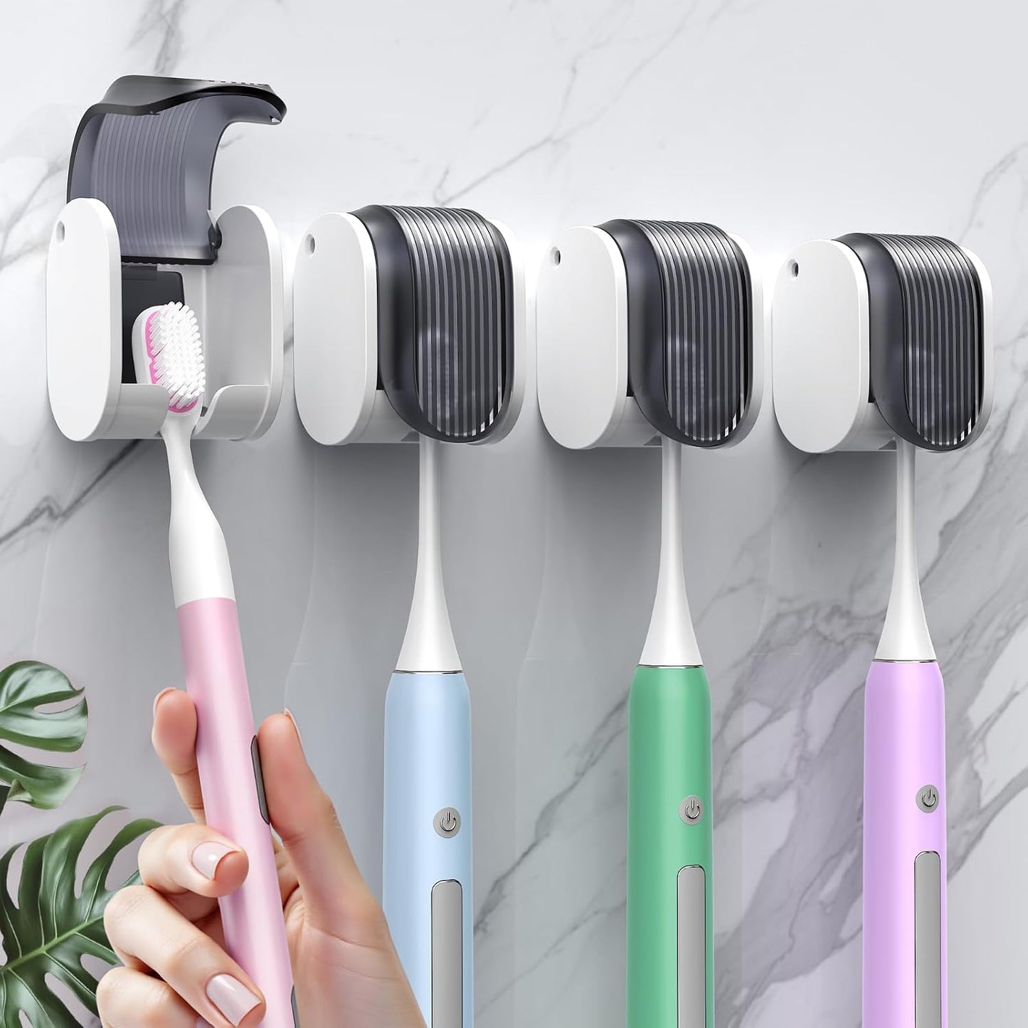 2 Pcs Toothbrush Holders Wall Mounted, Single Slot Design, Shower Self Adhesive Wall Mounted Toothbrush Holder with Cover, Waterproof and Dustproof, Suitable for Bathroom, Family, Travel (Transparent)