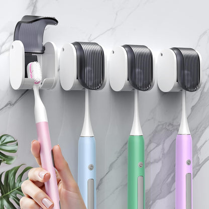 2 Pcs Toothbrush Holders Wall Mounted, Single Slot Design, Shower Self Adhesive Wall Mounted Toothbrush Holder with Cover, Waterproof and Dustproof, Suitable for Bathroom, Family, Travel (Transparent)