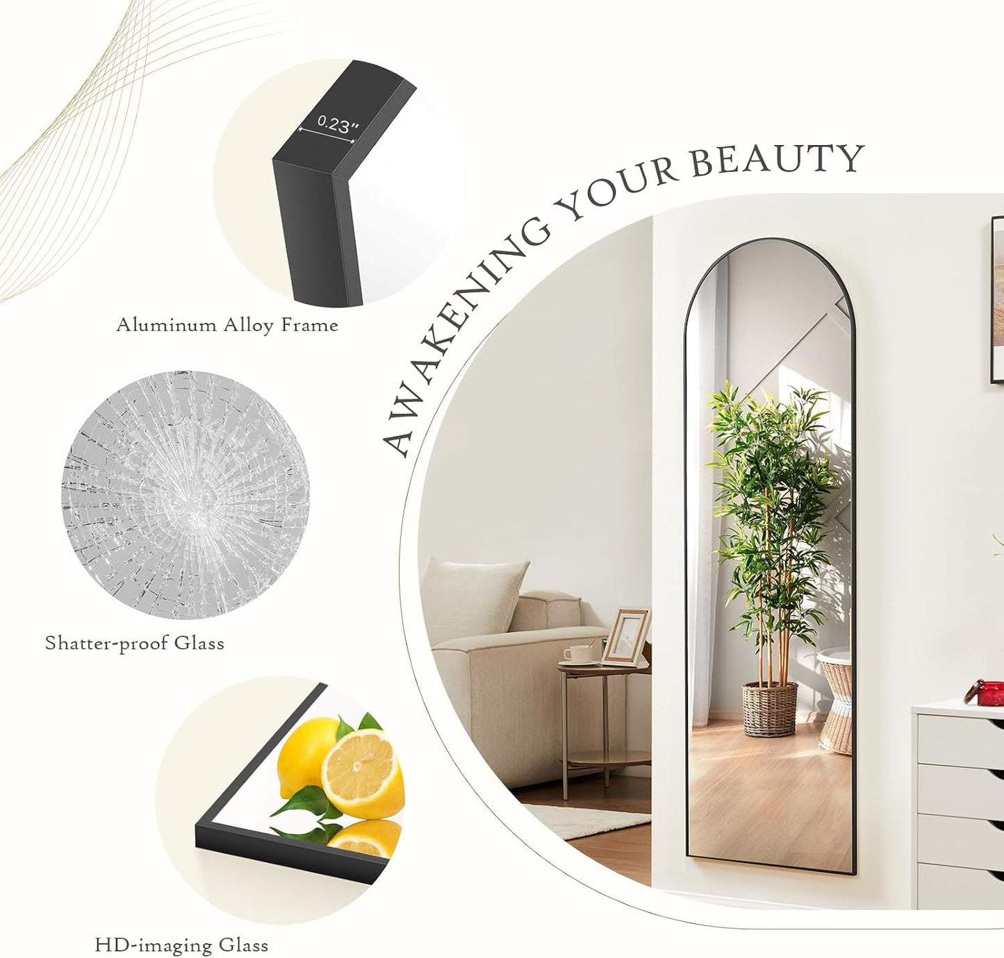 59"x16" Arched Full Length Mirror, Full Body Mirror with Leaning or Standing, Floor Standing Aluminum Frame for Bedroom, Livingroom, Cloakroom, Black