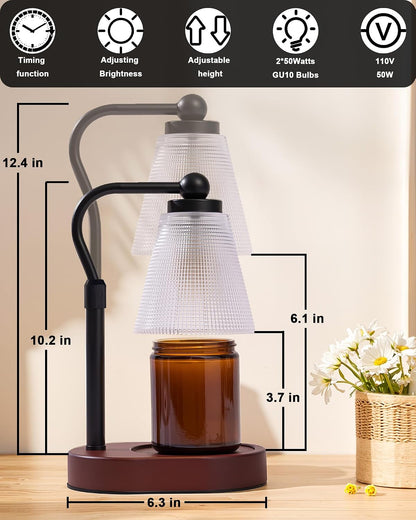 Candle Warmer Lamp with Timer - Adjustable Height & Brightness - Wood Base Glass Shade - 2 Bulbs Included(Square Gold)