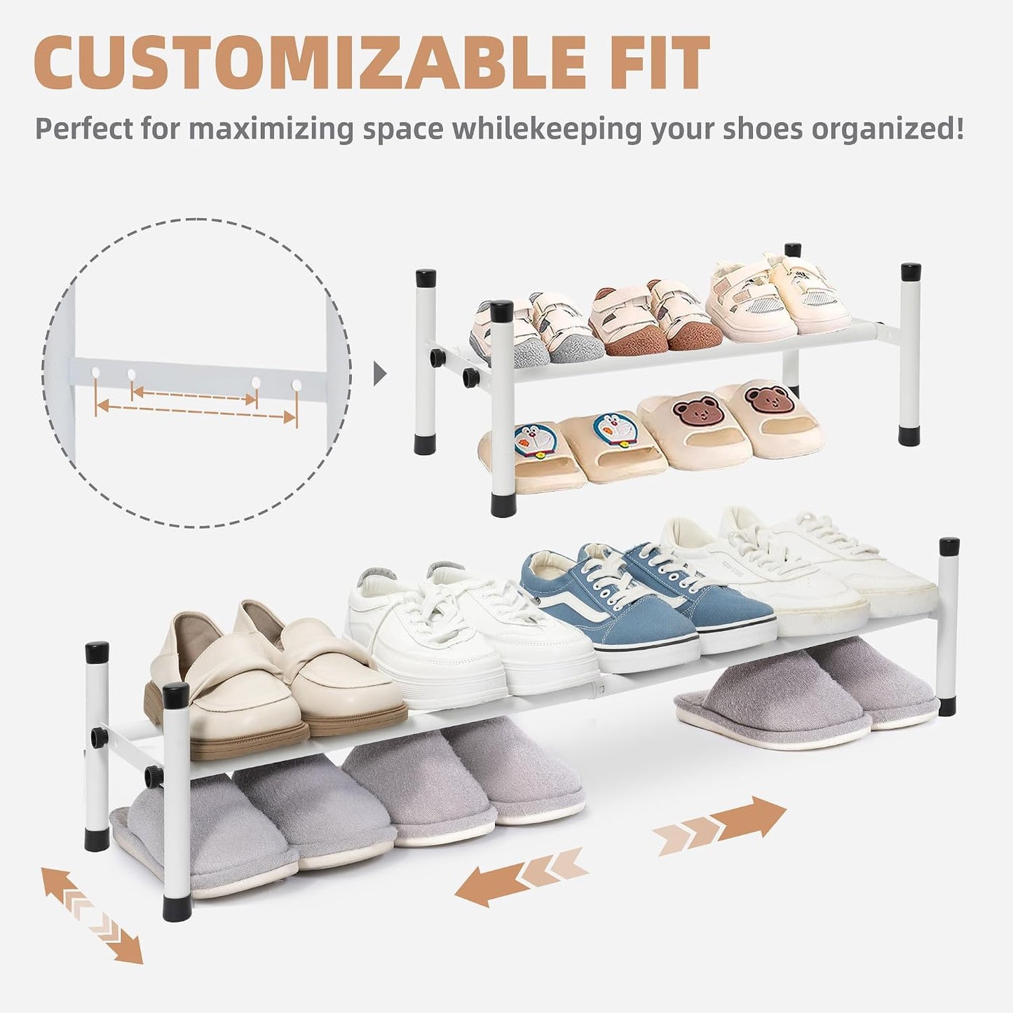 STORAGE MANIAC Expandable Shoe Rack for Closet, 8 Pairs Stackable Small Shoe Rack, Metal Adjustable Shoes Organizer for Entryway, Hallway, Garage, Front Door, Shoes Shelves, Black 2 Tier