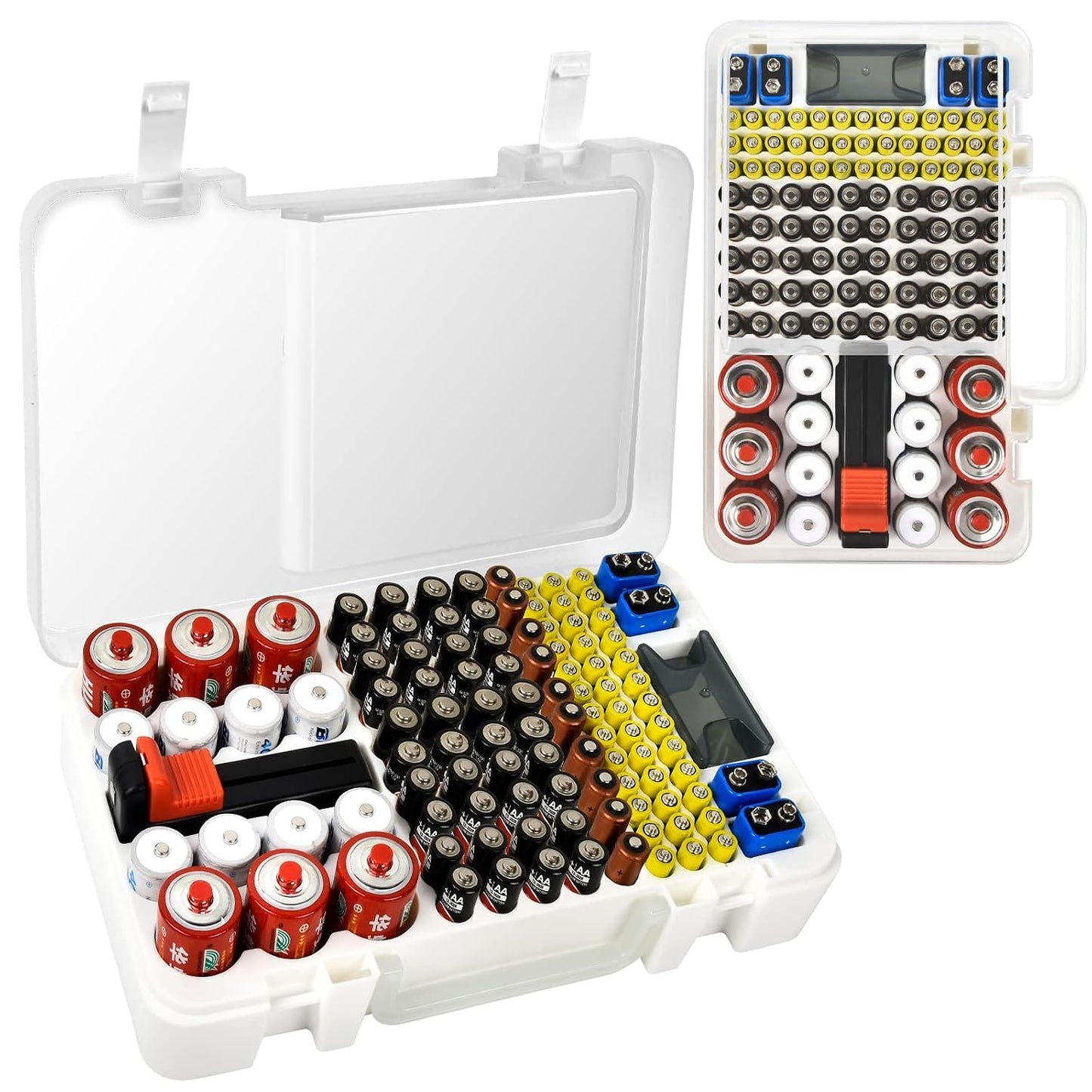 Xuerdon Battery Organizer Storage Case with Tester, 120+ Slots for Home | Hard Plastic for AA AAA C D 9V and Coin Cells, Wall-Mount/Drawer, Home Battery Managemt, Purple, Batteries Not Included