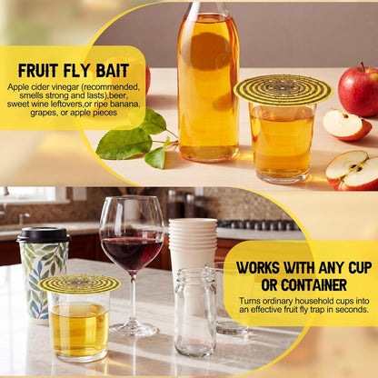 100 Pack Fruit Fly Trap Covers, Single-Sided Sticky Paper Lids, 8 Vent Holes for Vinegar/Wine Bait, Fits Cups & Jars for Indoor Kitchen & Pantry Gnat Control (Round,Yellow)