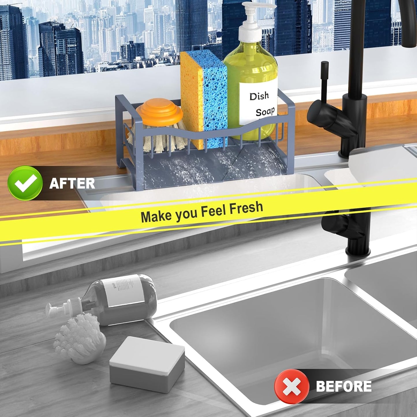 Maifan Stainless Steel Kitchen Sink Caddy Organizer with Auto Drain Tray, Sponge Holder for Countertop Storage