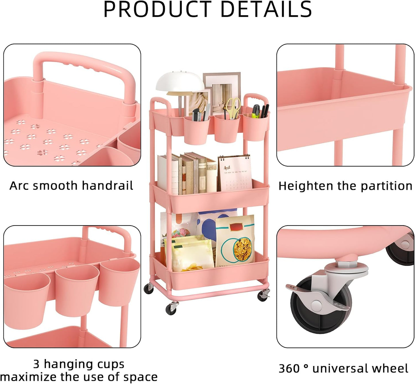 JIUYOTREE 4-Tier Plastic Rolling Storage Cart Utility Cart with Extra Hanging Cups Handles Lockable Wheels for Living Room Bathroom Kitchen Office White