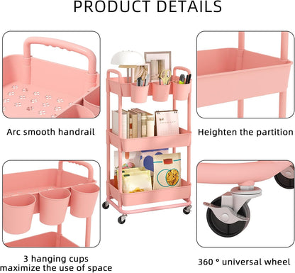 JIUYOTREE 4-Tier Plastic Rolling Storage Cart Utility Cart with Extra Hanging Cups Handles Lockable Wheels for Living Room Bathroom Kitchen Office White