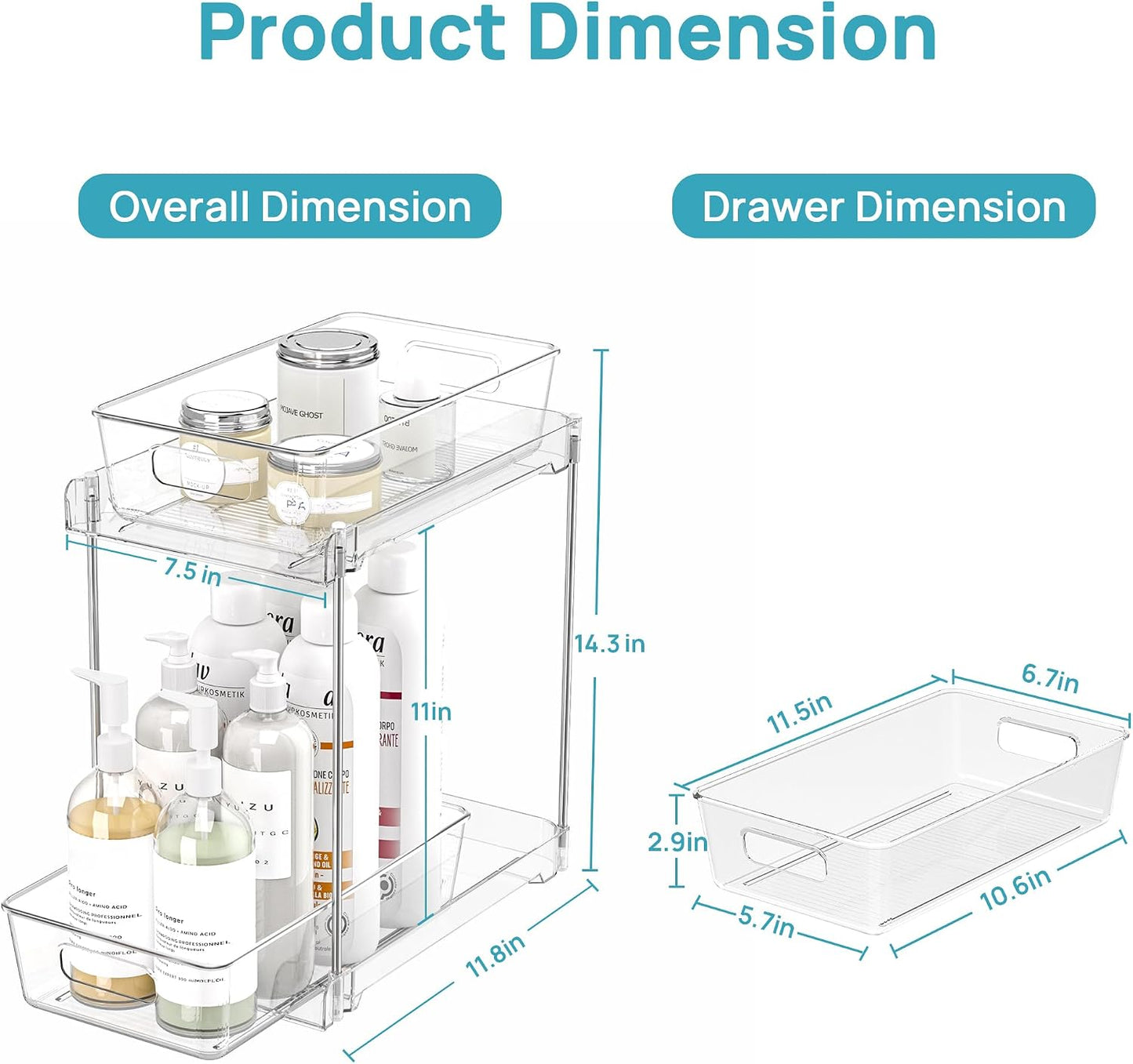 Vtopmart 2 Tier Bathroom Storage Organizer, 2 Pack Clear Under Sink Organizers Vanity Counter Container, Cabinet Drawers Bins, Pull-Out Organization with Track for Pantry, Kitchen
