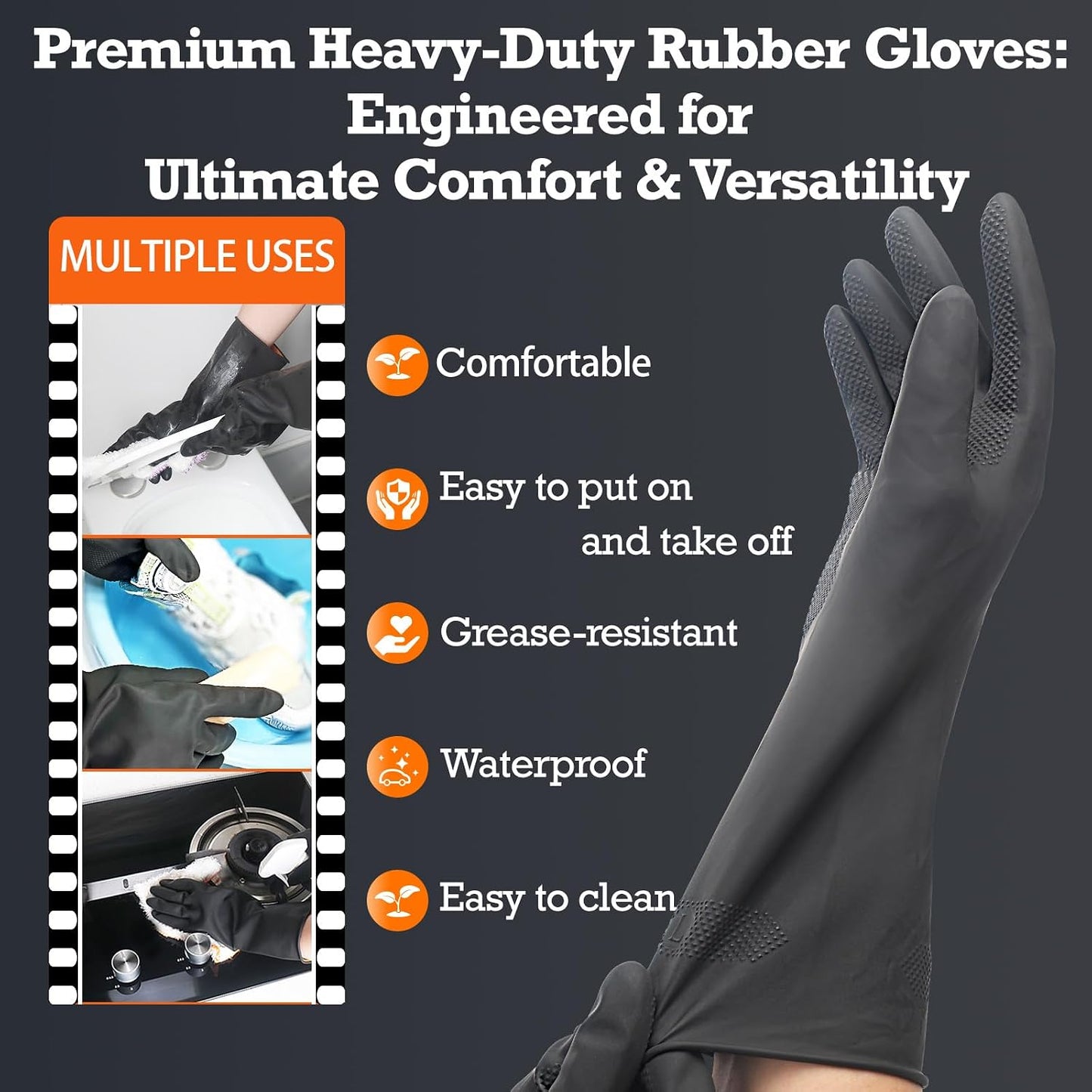 Heavy-Duty Thick Black Rubber Cleaning Gloves, 3 Pairs, L | Reusable & waterproof black/orange dual layers. Non-slip design for dishwashing, kitchen cleaning, and auto care.