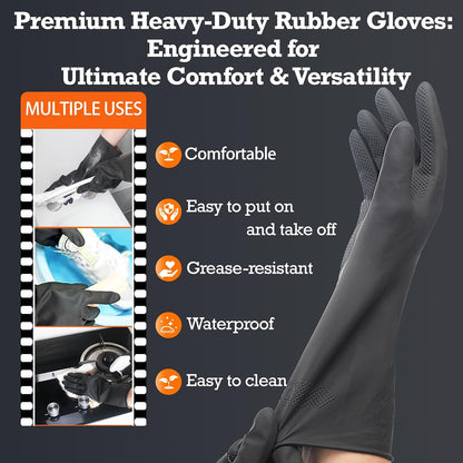 Heavy-Duty Thick Black Rubber Cleaning Gloves, 3 Pairs, L | Reusable & waterproof black/orange dual layers. Non-slip design for dishwashing, kitchen cleaning, and auto care.