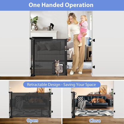 Retractable Baby Gate with Cat Door 55" Wide Retractable Baby Gate for Stairs Mesh Baby Gate with Pet Door Retractable Dog Gate for The House Retractable Pet Gate with Door Safety Gates for Toddlers