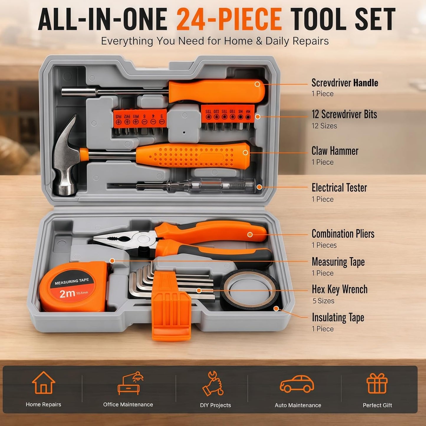 24 Pieces Small Home DIY Tool Kit for Household | Portable Home Hand Tool Box for Women, General Repair Basic Tools Kit Simple DIY Screwdriver Hammer Set for Garage, Office